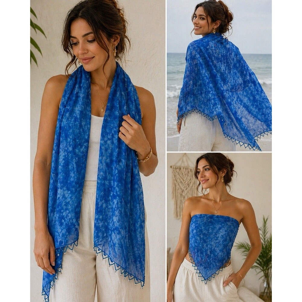 Surface Blue Tie Dye Sheer Beaded Scarf Wrap Shawl Made in India Boho